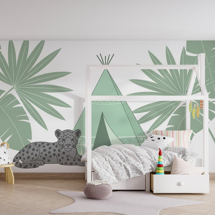 Papel pintado infantil | Tienda y leopardo en la selva tropical