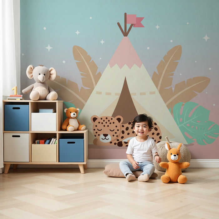Papel pintado infantil | Tienda y leopardo dormido