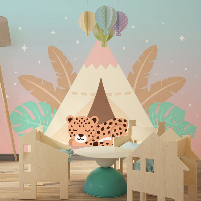 Papel pintado infantil | Tienda y leopardo dormido
