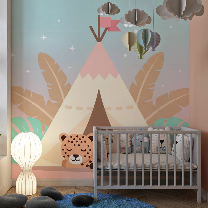 Papel pintado infantil | Tienda y leopardo dormido