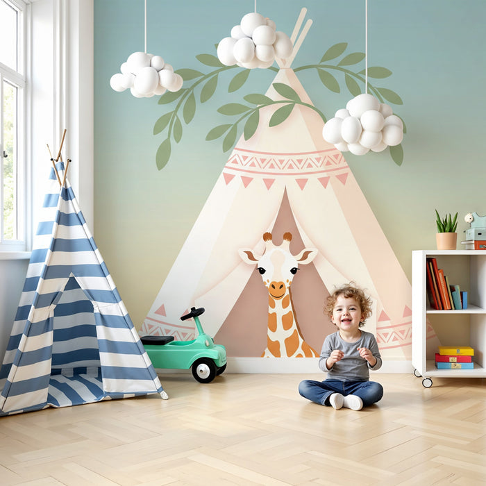 Papel pintado infantil | Tienda india con linda jirafa