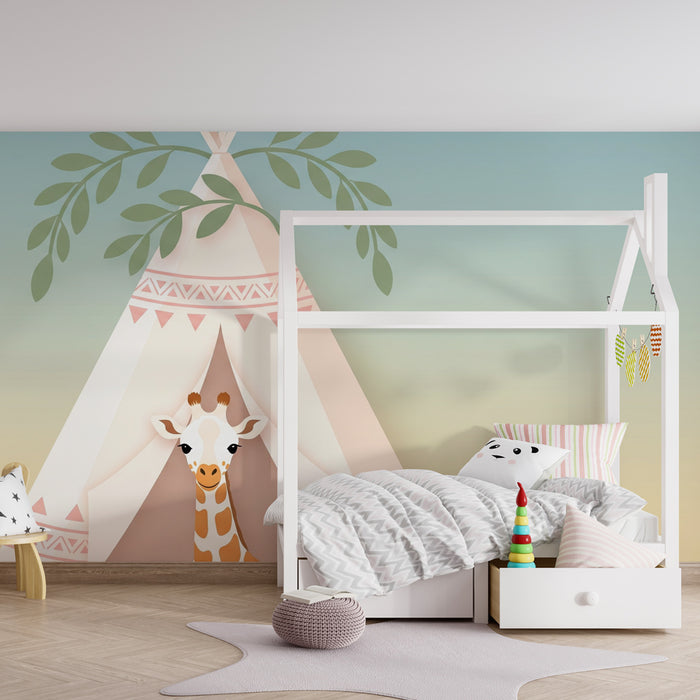 Papel pintado infantil | Tienda india con linda jirafa