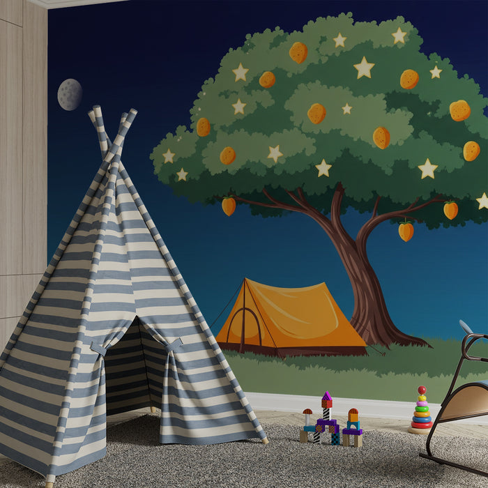 Children's room wallpaper | Starry tree tent with golden fruit