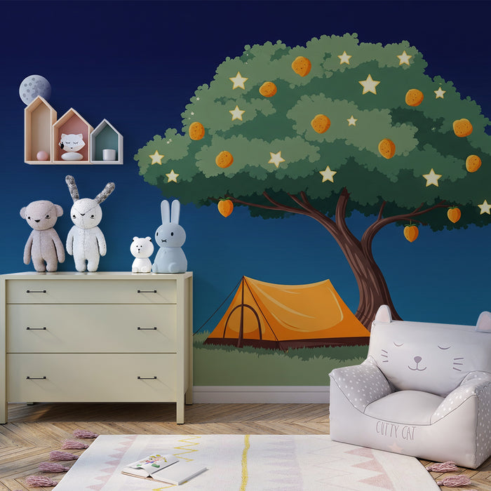 Children's room wallpaper | Starry tree tent with golden fruit