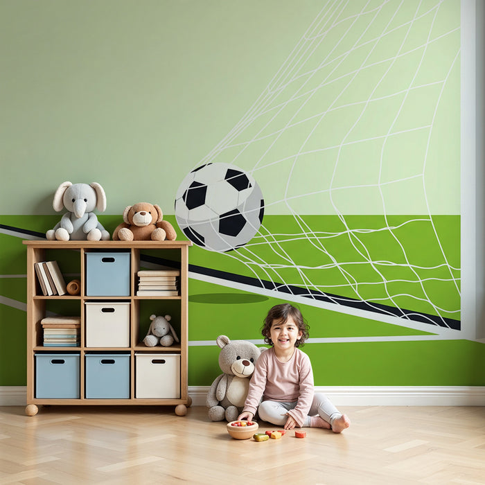 Papel pintado infantil | Campo de fútbol con balón en la red