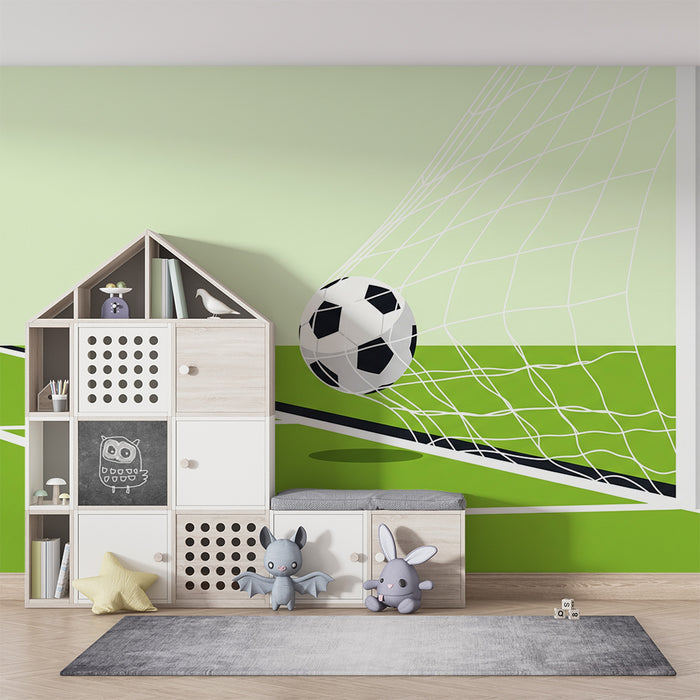 Papel pintado infantil | Campo de fútbol con balón en la red