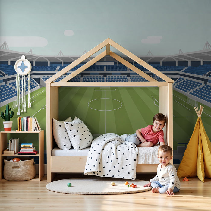 Kinderkamer behang | Gestileerd voetbalveld met blauwe tribunes