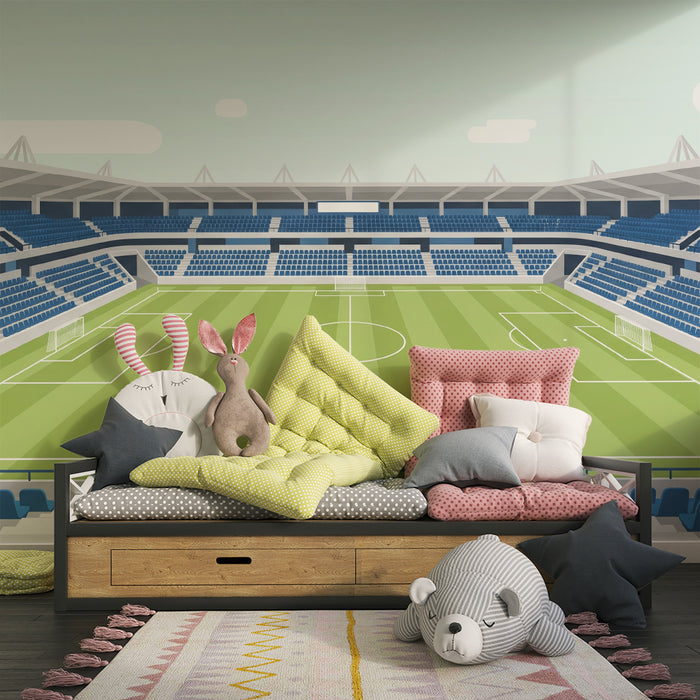 Kinderkamer behang | Gestileerd voetbalveld met blauwe tribunes