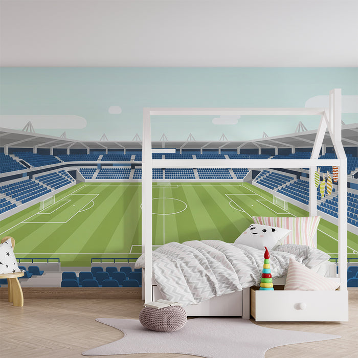 Kinderkamer behang | Gestileerd voetbalveld met blauwe tribunes