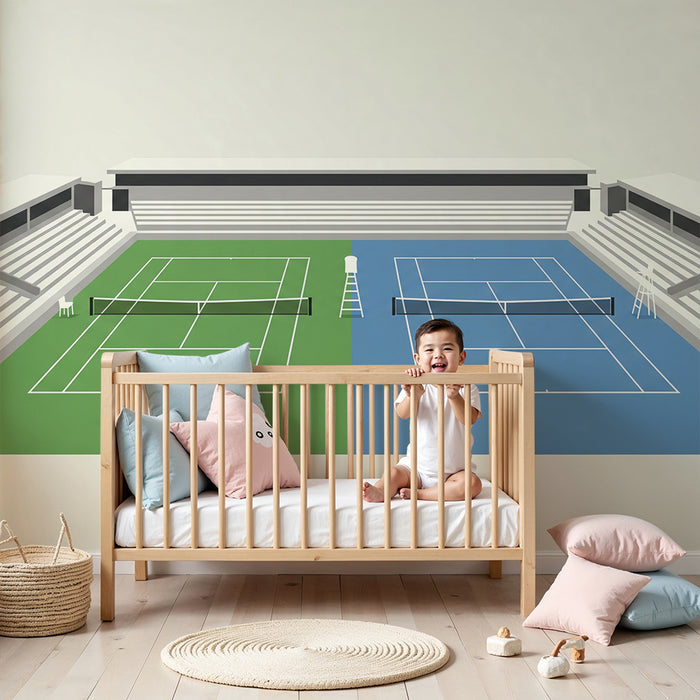 Kinderkamer behang | Gestileerd tennisveld met moderne tribunes