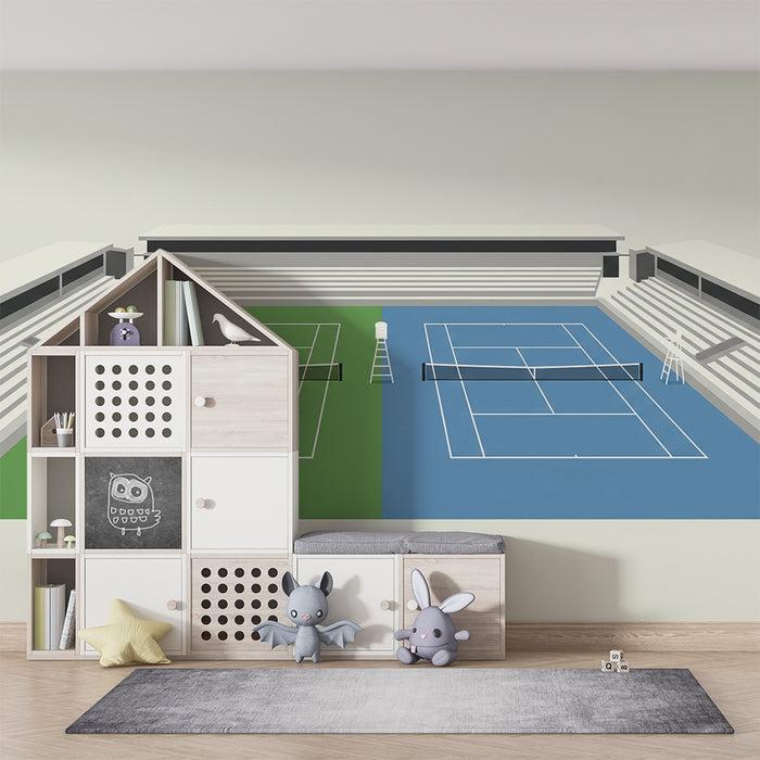 Kinderkamer behang | Gestileerd tennisveld met moderne tribunes