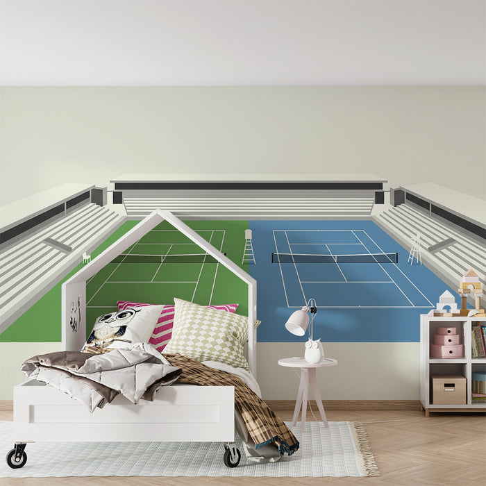Kinderkamer behang | Gestileerd tennisveld met moderne tribunes