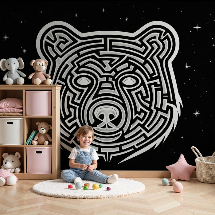 Papier peint chambre enfant | Tête d'ours en labyrinthe sur fond étoilé