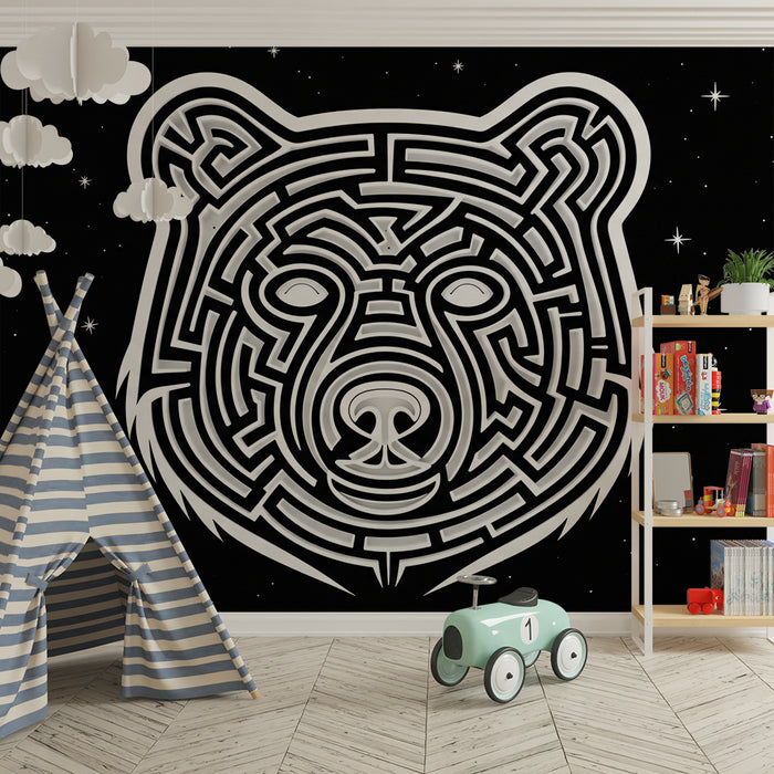 Papier peint chambre enfant | Tête d'ours en labyrinthe sur fond étoilé