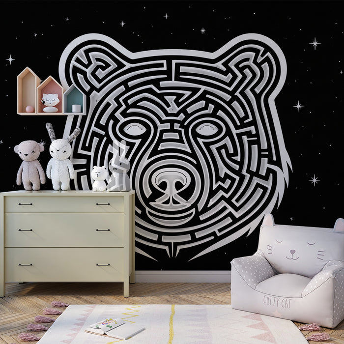 Papier peint chambre enfant | Tête d'ours en labyrinthe sur fond étoilé