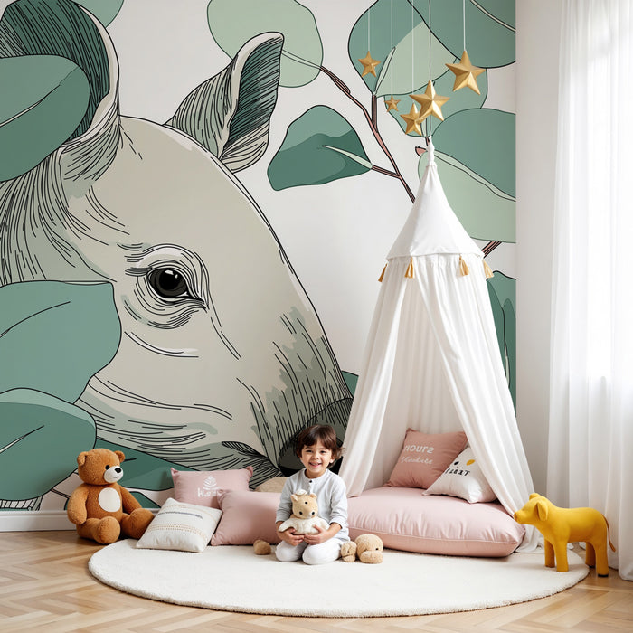 Papier peint chambre enfant | Tête de cerf et feuillage délicat