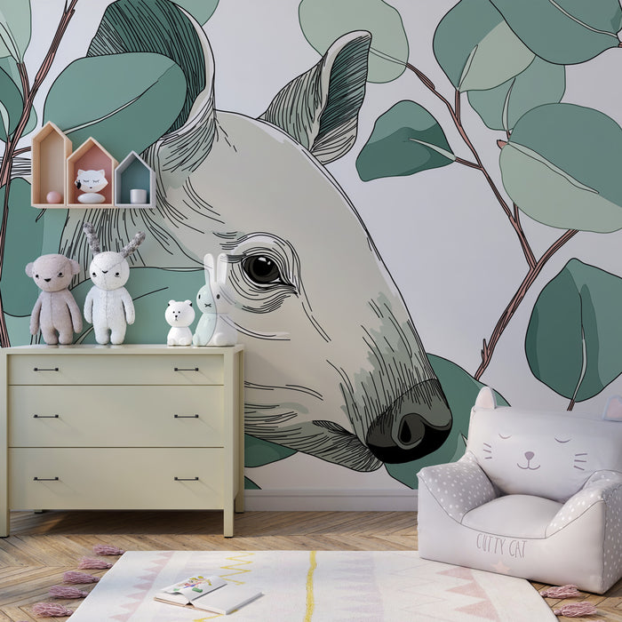 Papier peint chambre enfant | Tête de cerf et feuillage délicat