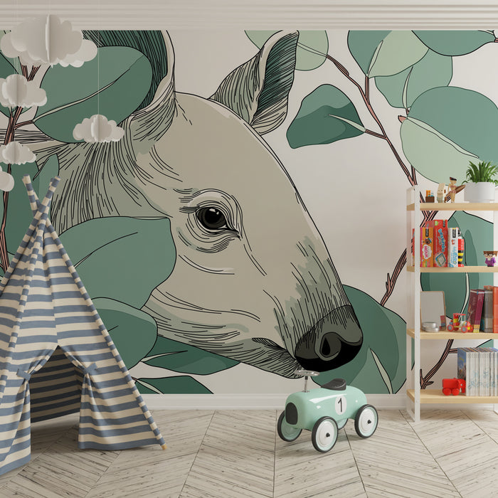 Papier peint chambre enfant | Tête de cerf et feuillage délicat
