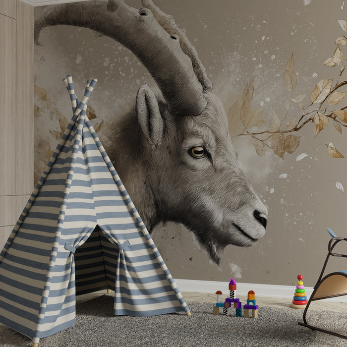Kinderzimmer Tapete | Stilisierter Gamskopf mit Laub