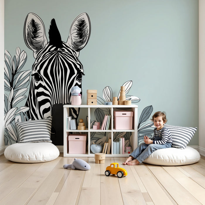 Papier peint chambre enfant | Tête de zèbre et feuillage élégant