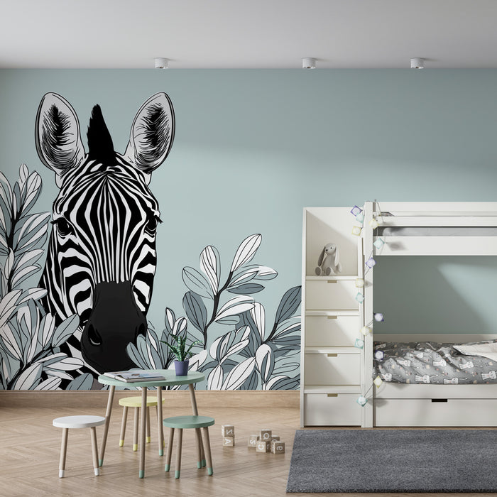 Papier peint chambre enfant | Tête de zèbre et feuillage élégant