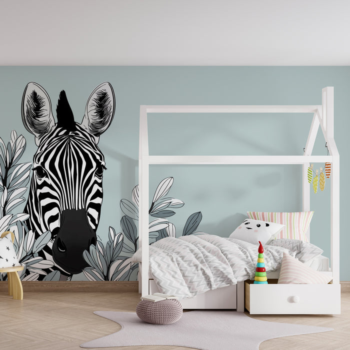 Papier peint chambre enfant | Tête de zèbre et feuillage élégant