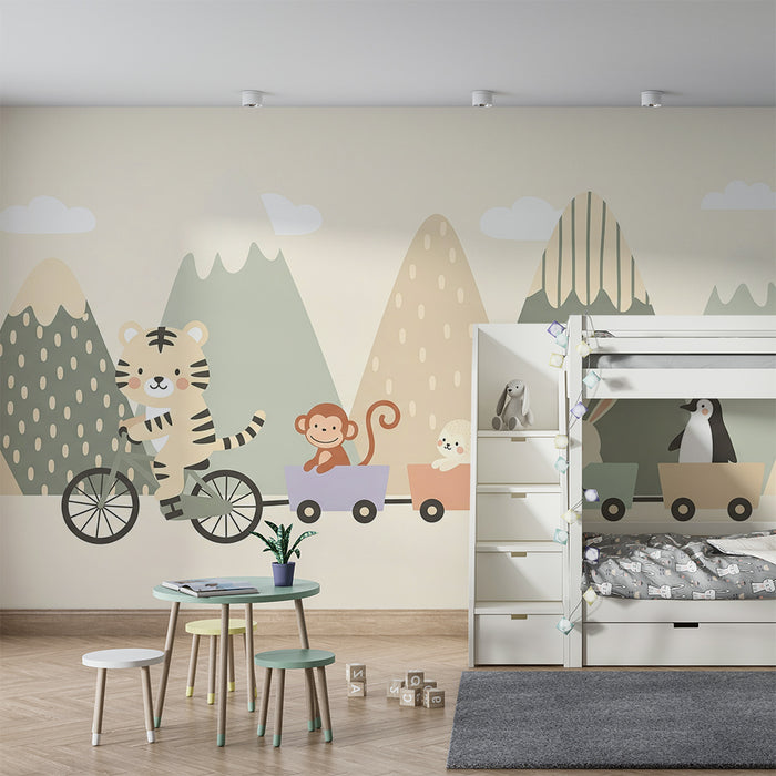 Børneværelse tapet | Cyklende tiger med sine dyrevenner i et bjerglandskab