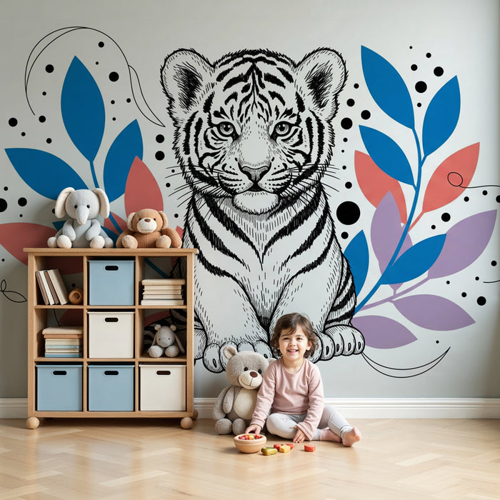Papier peint chambre enfant | Tigre adorable entouré de feuillage coloré