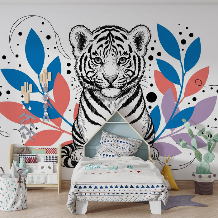 Papier peint chambre enfant | Tigre adorable entouré de feuillage coloré