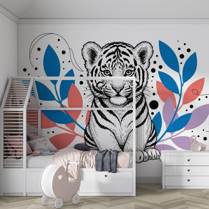 Papier peint chambre enfant | Tigre adorable entouré de feuillage coloré