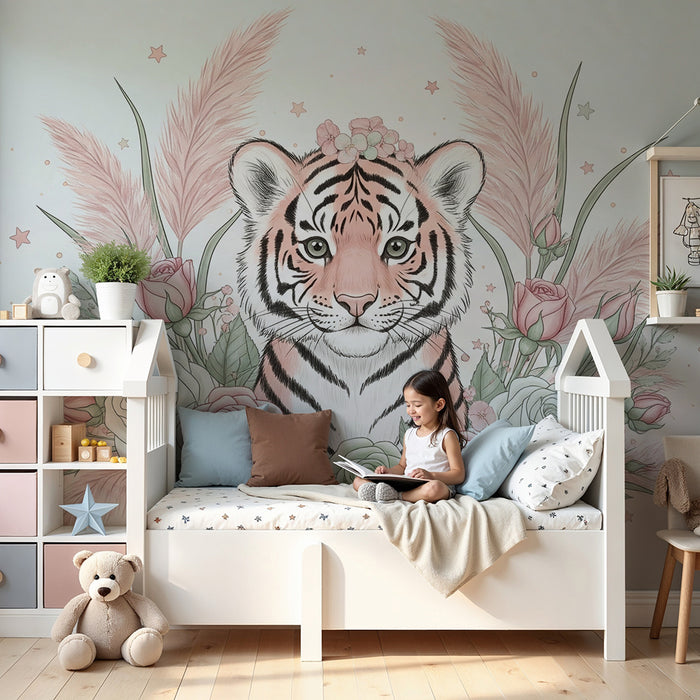 Kinderkamer behang | Schattige tijger omringd door delicate bloemen