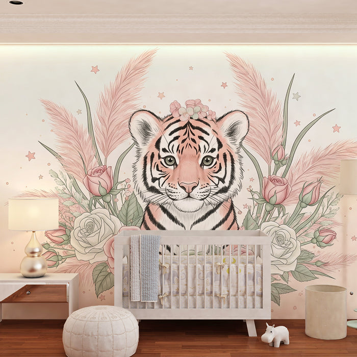 Kinderkamer behang | Schattige tijger omringd door delicate bloemen