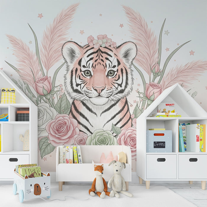 Kinderkamer behang | Schattige tijger omringd door delicate bloemen