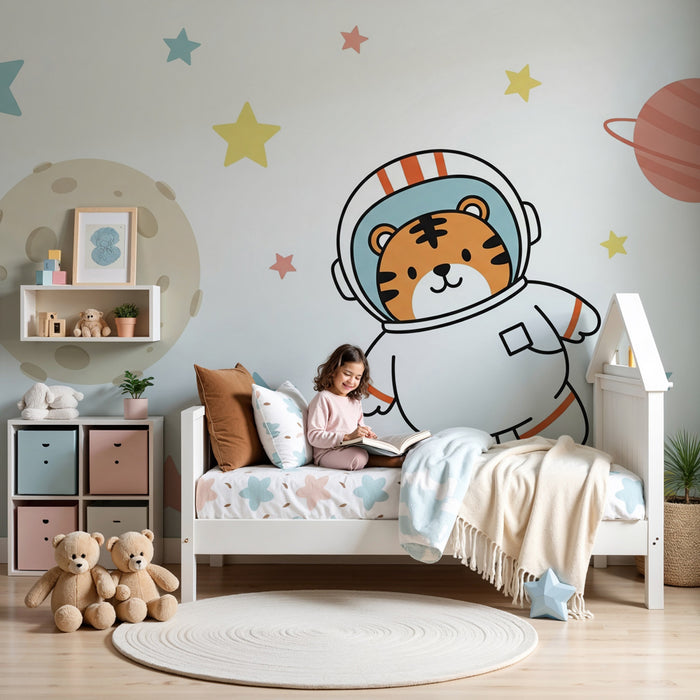 Kinderkamer behang | Tijger astronaut tussen sterren en planeten