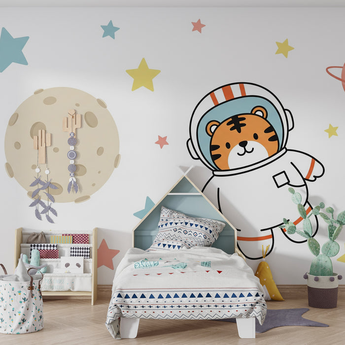 Kinderkamer behang | Tijger astronaut tussen sterren en planeten