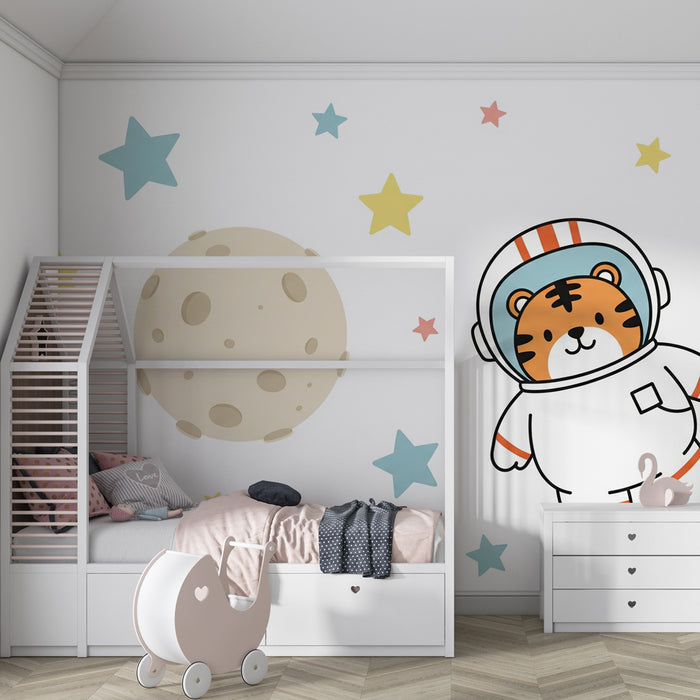Kinderkamer behang | Tijger astronaut tussen sterren en planeten