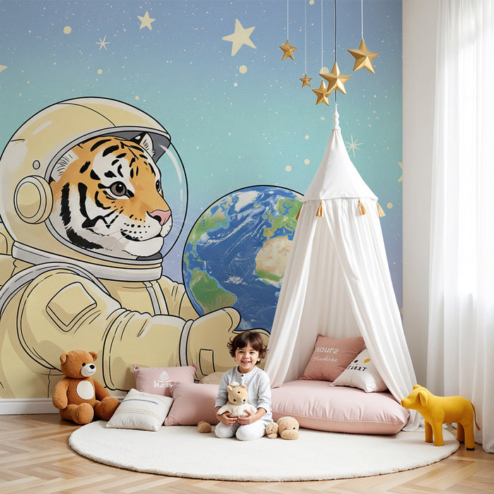 Papier peint chambre enfant | Tigre astronaute tenant la Terre dans l'espace étoilé