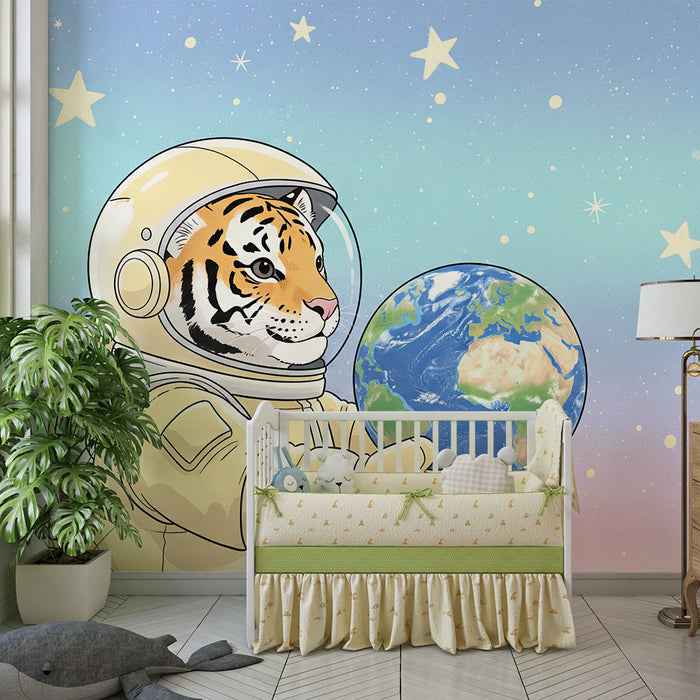 Papier peint chambre enfant | Tigre astronaute tenant la Terre dans l'espace étoilé