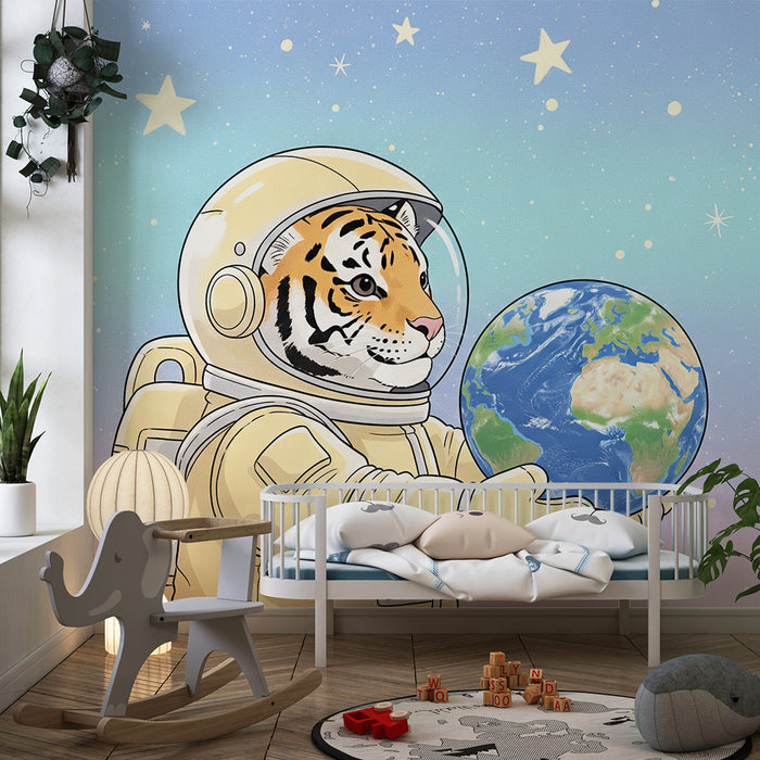 Papier peint chambre enfant | Tigre astronaute tenant la Terre dans l'espace étoilé