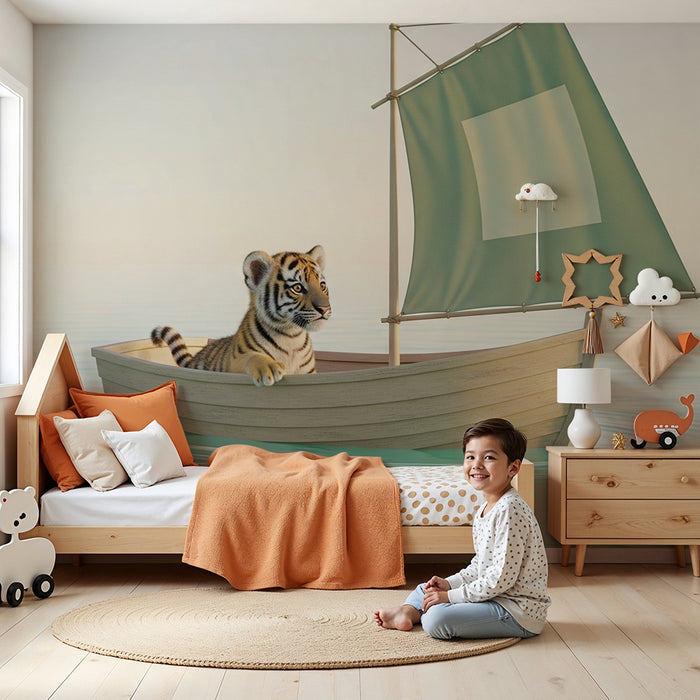 Kinderzimmer Tapete | Abenteuerlicher Tiger auf einem Boot
