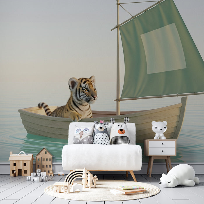 Kinderzimmer Tapete | Abenteuerlicher Tiger auf einem Boot