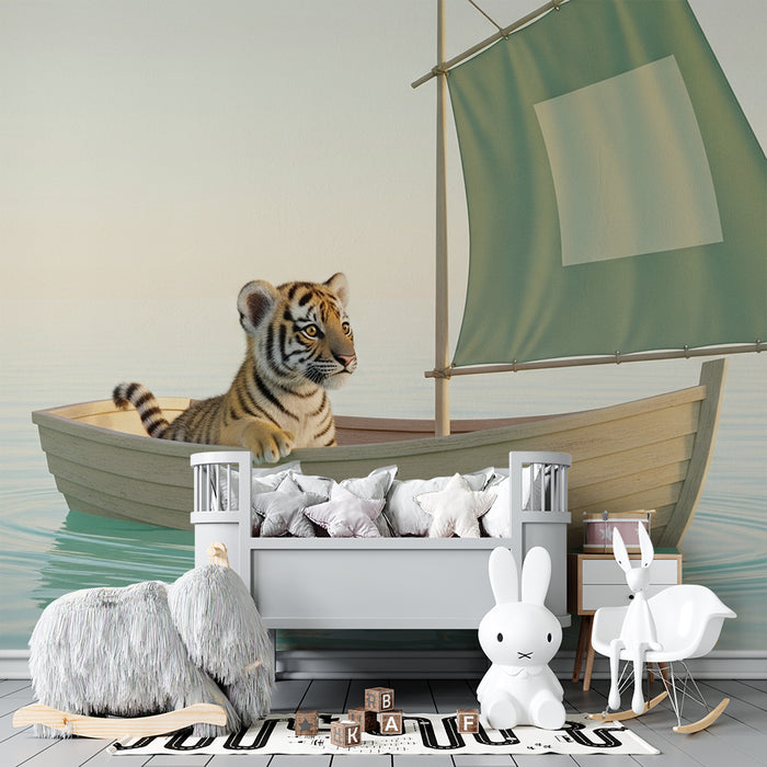 Kinderzimmer Tapete | Abenteuerlicher Tiger auf einem Boot
