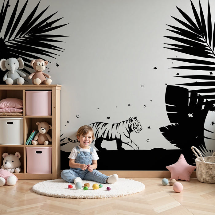 Papel pintado infantil | Tigre blanco en una jungla en blanco y negro
