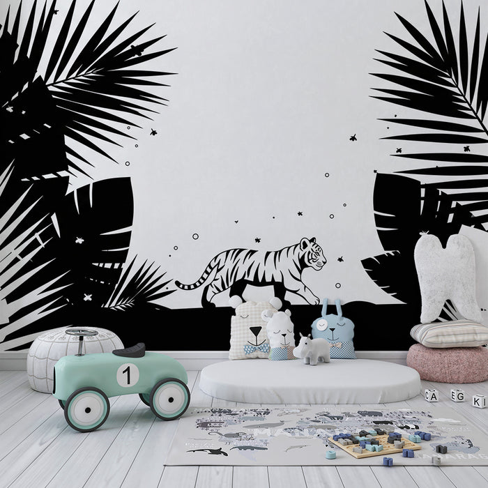 Papel pintado infantil | Tigre blanco en una jungla en blanco y negro