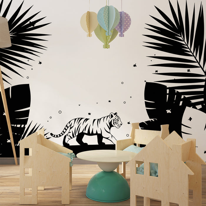 Papel pintado infantil | Tigre blanco en una jungla en blanco y negro