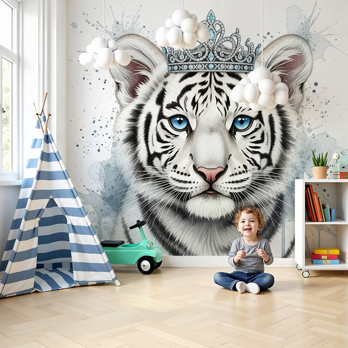 Papel de parede para quarto de criança | Tigre branco real com coroa e respingos de aguarela