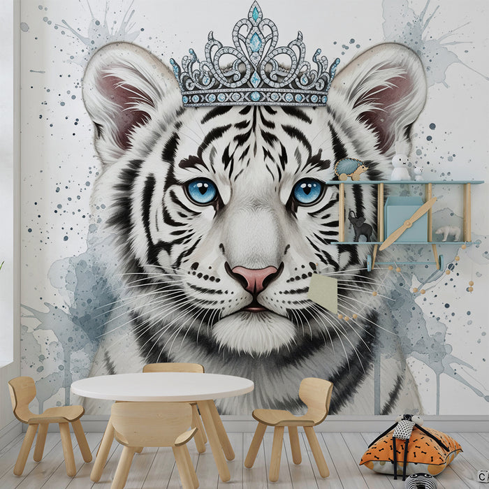 Papel de parede para quarto de criança | Tigre branco real com coroa e respingos de aguarela