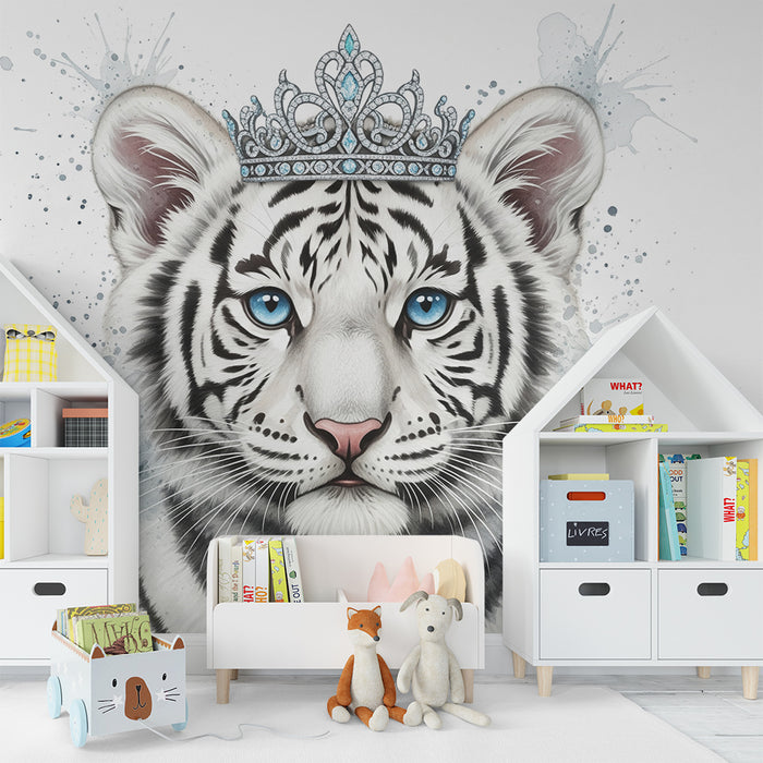 Papel de parede para quarto de criança | Tigre branco real com coroa e respingos de aguarela