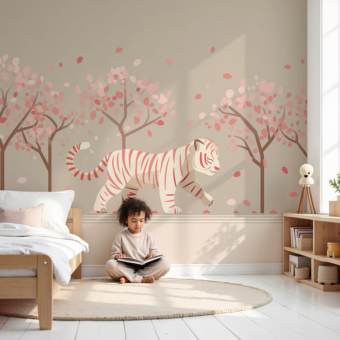 Kinderzimmer Tapete | Weißer Tiger unter blühenden Bäumen