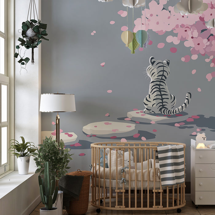 Tapet barnerom | Hvitt tiger under et blomstrende kirsebærtre